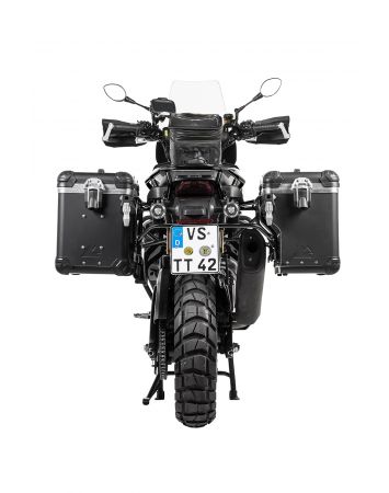 ZEGA Evo X "Premium Edition" system kufrów bocznych "And-Black" 45/45 litrów z czarnym stelażem ze stali nierdzewnej do Harley-Davidson RA1250 Pan America